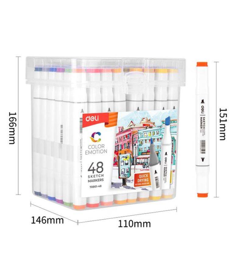 Deli Coffret de 48 Marqueurs Professionnels – Feutres à Double Pointe (1mm & 7mm) à Encre Alcool pour Dessin, Croquis et Illustration
